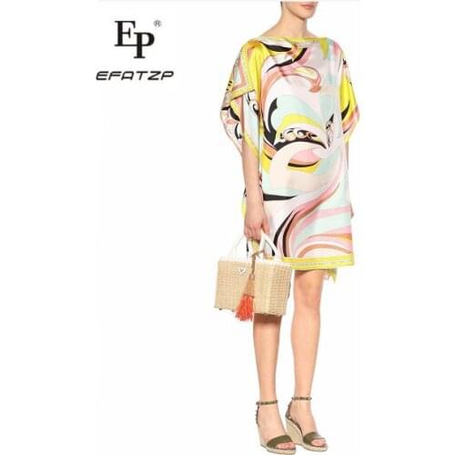 New 2018 Fashion Designer Dress Womens Short Sleeves Multico Geometric Print large size Stretch Jersey Loose Silk Day Dress