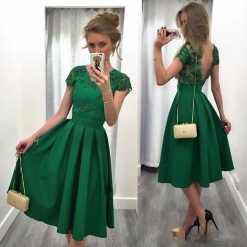 Dark Green Cocktail Dresses Backless A Line Appliques robe de cocktail Tea Length Party Gowns V Back Lace Formal Dress