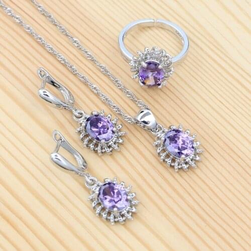 Purple Cubic Zirconia Earrings Pendant Ring 925 Sterling Silver Oval Jewelry Chain for Woman Bridal Accessories