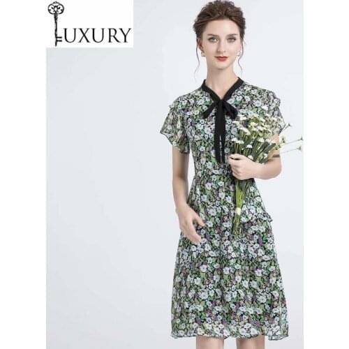 Chiffon 2020 Summer Fashion High Quality Women Elegant Little Floral Print Short Sleeve Slim Fit A-Line Green Blue Dress
