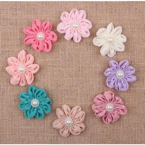 20pcs/lot DIY Chiffon Flowers with pearl Fabric Flowers for girl headbands Headwear