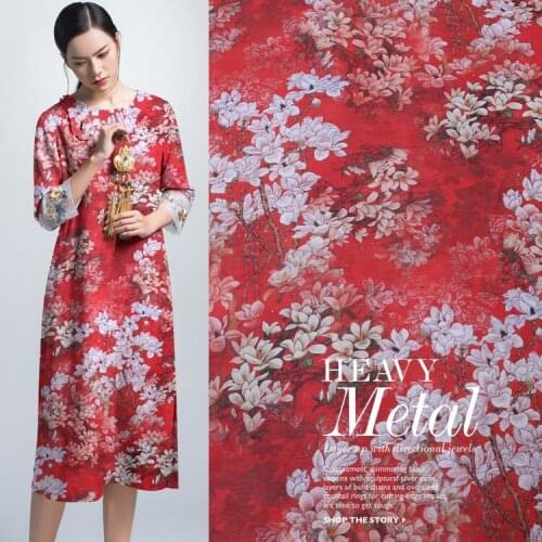 2021 Red Magnolia Digital Printing Linen Silk Fabric Summer Mulberry Silk Linen Clothing Cheongsam Dress Cloth