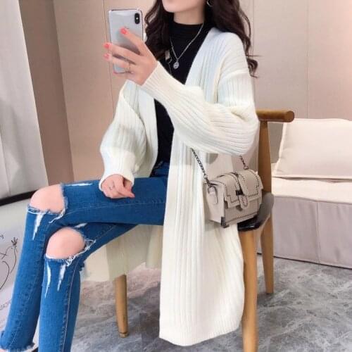 2021 autumn and winter new loose lantern sleeve mid-length solid color sweater coat knitted cardigan women casual all-match