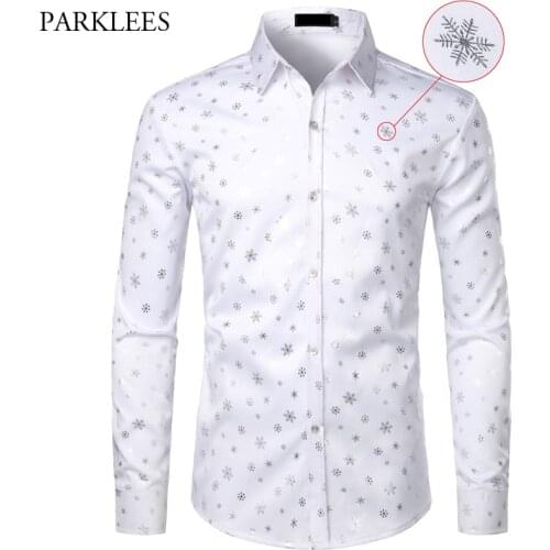 White Mens Christmas Shirt Snowflake Print Chemise Homme Camisa Social Masculina Long Sleeve Button Down Mens Dress Shirts Tops