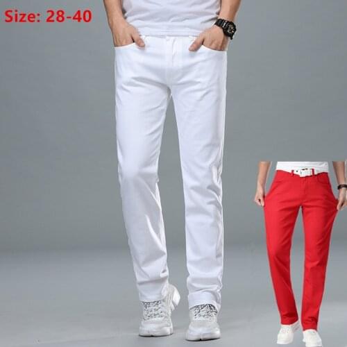 White Jeans Men Plus Size 36 38 40 Loose Oversized Red Trousers Stretched Denim Mens Casual Slim Fit Straight Elastic Man Pant