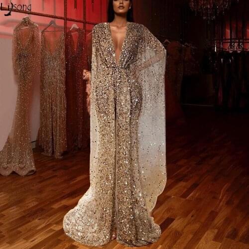Elegant Deep V Neck Evening Dress Sparkly Sequin Beaded Crystals Long Prom Dresses High Split Glitter Formal Party Gowns