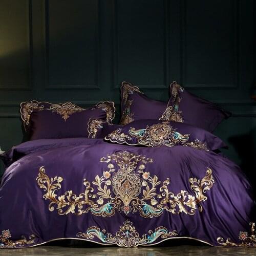Purple Red Luxury Oriental Embroidery Egyptian Cotton Royal Bedding Set Queen King Size Bed Duvet Pillowcase Sheet Cover Set Bed