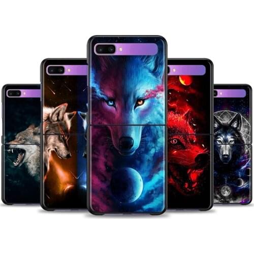 Moon Roaring Wolf Case For Samsung Galaxy Z Flip 6.7" Flip3 5G Black PC Hard Phone Cover Segmented Protect Coque