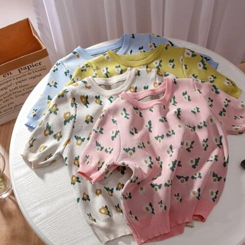 Tshirts Women Sweet Flower Print Loose Tees O-neck Short Sleeve Knitted T-Shirts 2021 Summer Short Pullovers Tops Female 80204