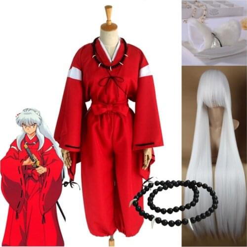 Anime Inuyasha Cosplay Costume Red Japanese Kimono Man Robe Costume Clothing With Wigs Ears And Necklace For Halloween Party