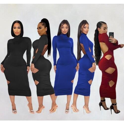 Fashion Sexy Hollow Out Turtleneck Long Bodycon Plus Size Women Dress