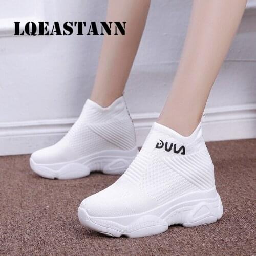 2020 New Breathable Knitted Chunky Sneakers All-match Wedge Socks Womens White Shoes Spring Thick-soled High-Top Daddy Shoes
