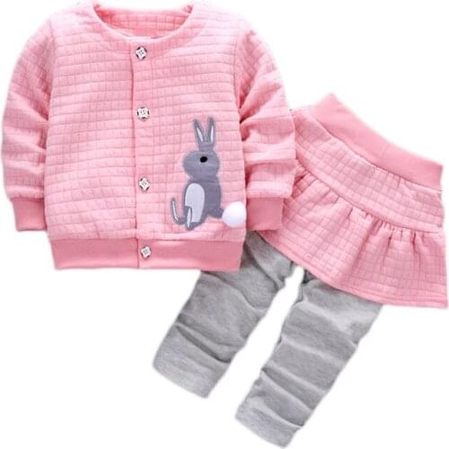 2019 New Baby Girls Sets 2pcs Cute Rabbit Cartoon Spring Autumn Clothes Suit Coat+skirt Pants 1-4y Kids Children Clothing Set