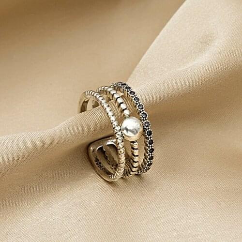 New Korean Multilayer Geometry Winding Silver Color Plated Metal Rings for Women Girls Black Rhinestone Ring Simple Jewelry