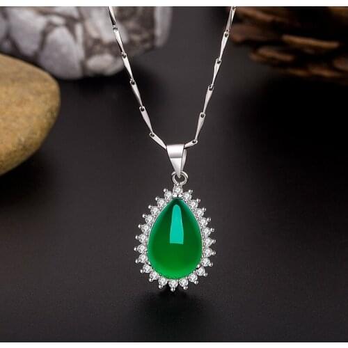 Natural Green Chalcedony Water Drop Jade Pendant 925 Silver Necklace Chinese Carved Fashion Charm Jewelry Amulet for Women Gifts