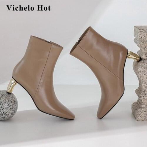 Vichelo Hot Chelsea boots genuine leather three colors small square toe high strange heel zip streetwear mature ankle boots L69