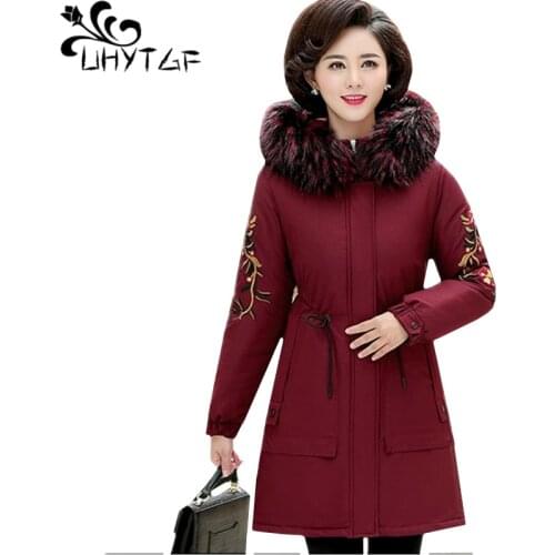 UHYTGF 5XL plus size Parker women Fashion embroidery fur collar winter jacket female hooded Thick windproof warm cotton coat1008
