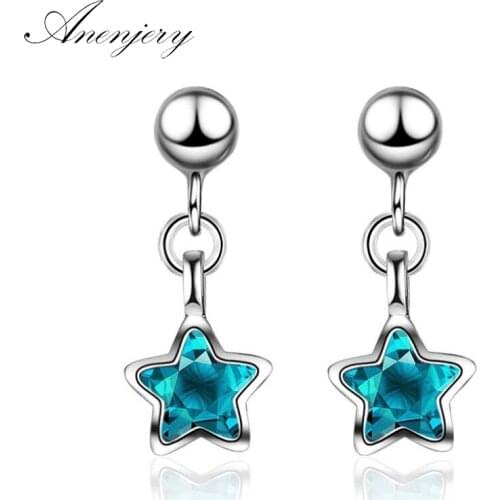 ANENJERY 925 Sterling Silver Simple Fashion Ocean Blue Crystal Little Star Tassel Earrings For Women Jewelry Best Gift S-E578