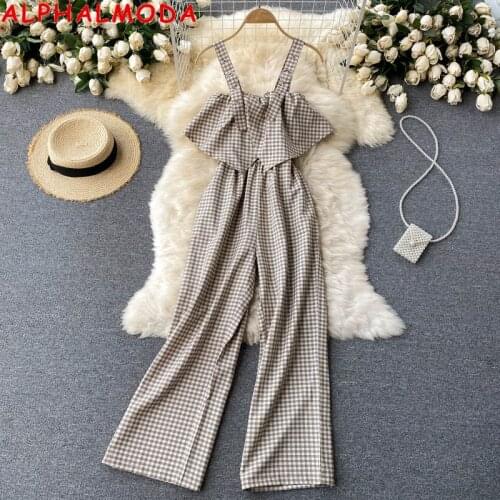 ALPHALMODA College Style Ruffled Plaids Jumpsuit Womens Summer High Waist Slim Wide Leg Rompers Trendy Overall Outfit