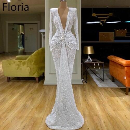 Modest Muslim Dubai Long Evening Dress Mermaid V-Neck Sequin Prom Dresses Party Elegant Couture вечернее платье High Quality