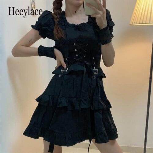 Womens Gothic Lolita Dress Gothic Punk Mall Goth Kawaii Cute Ruffle Bandage Black Mini Dress 2021 Emo Clothes Summer