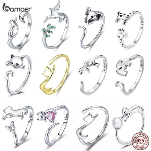 Bamoer 925 Sterling Silver Adjustable Cute Animal Cat Finger Rings for Women Daily wear Personalized Jewelry Accessories GXR220