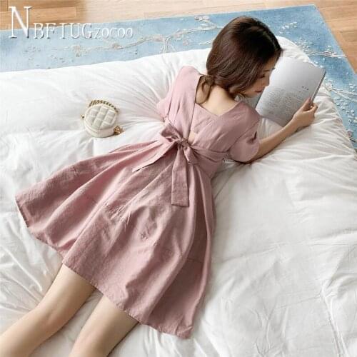 2020 Cotton And Polyester Retro Bowknot Women Dress Yellow Pink Color Female Dresses