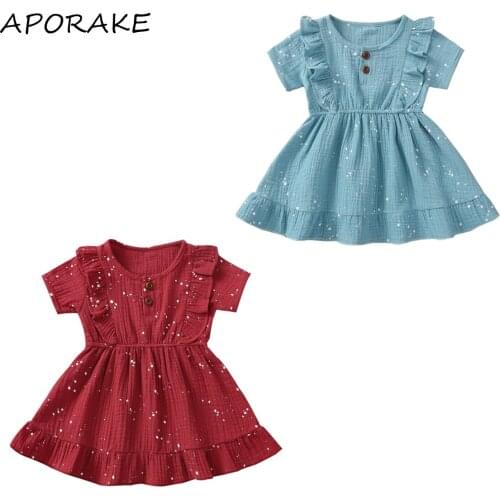 2021 0-3Y Sweet Kids Baby Girls Dress Snow Print Ruffle Short Sleeve Button Pleated Dress Summer Soft Cotton Linen Clothes