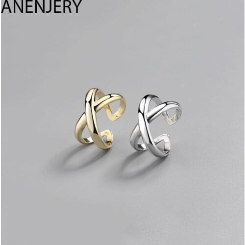 ANENJERY 925 Sterling Silver Personality Double Layer Cross X-shaped Gold Color Ring Opening Size Ring For Women Men S-R703