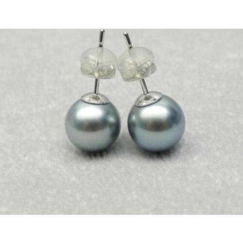 Free Shipping 9-10MM Round AAA Real Tahitian Cultured Gray Pearl Stud Earrings 18K White Gold #0207