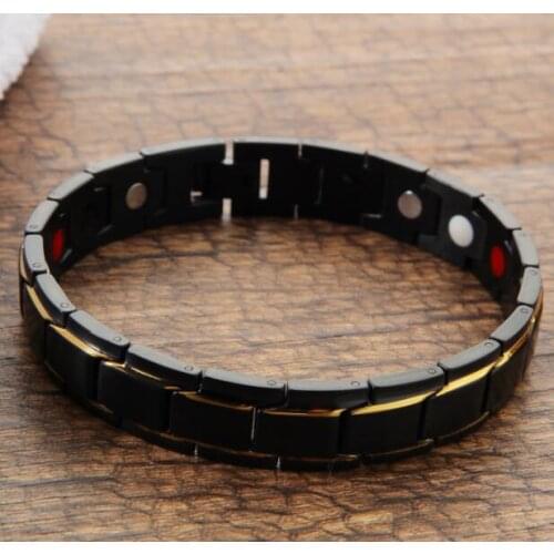 Hot selling GOld black 12mm 8.26'' Stainless steel health care magnet germanium (Ge) Chain bracelet Bangle Mens XMAS Gifts