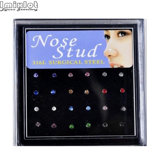 24pcs/Box Colorful Crystal Rhinestone Nose Ring & Studs Stainless Surgical Steel Nose Piercing Fashion Body Jewelry for Women