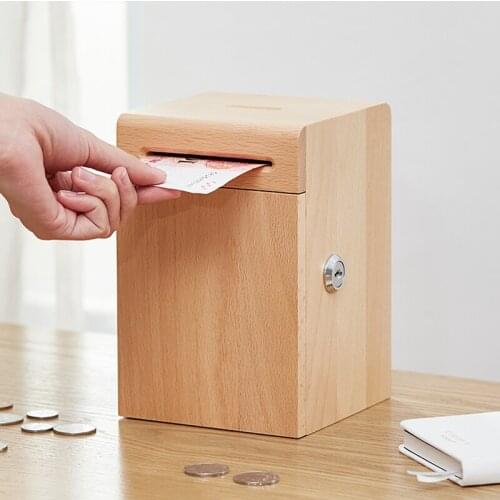 Creative mini wooden safe shape piggy bank Fashion art banknotes coin beech wood storage box With lock