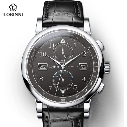 LOBINNI Luxury Brand Seagull Automatic Mechanical Movement Genuine Leather Male Wristwatch Sapphire Waterproof Man watch