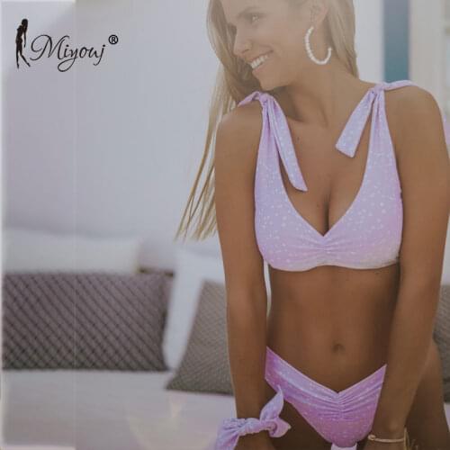 Miyouj 2021 Bikinis V Neck Sexy Swimsuit Dots Print WomenS Swimwear 2021 Bow Tie Purple Bikini Set Push Up Biquini Summer