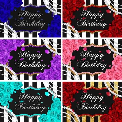 Mocsicka Happy Birthday Backdrop for Photography Stripe Rose Pearl Adult Women Birthday Party Background Decoration Photo Studio