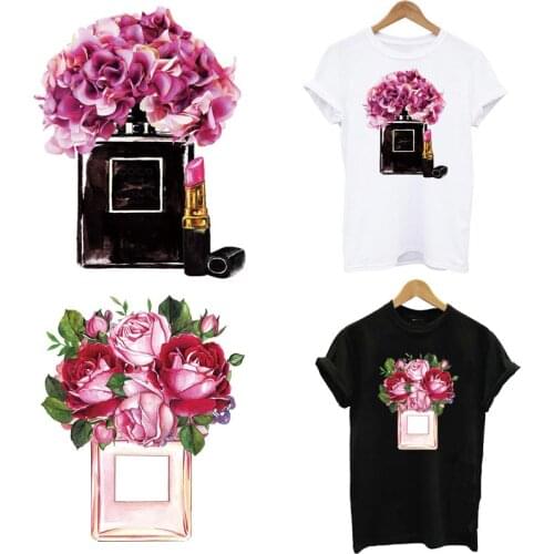 DIY Patch Flower Perfume Bottle Patches Iron On Transfer for Clothing Thermo Heat-sensitive Sticker Transfer Girl T-shirt Decor