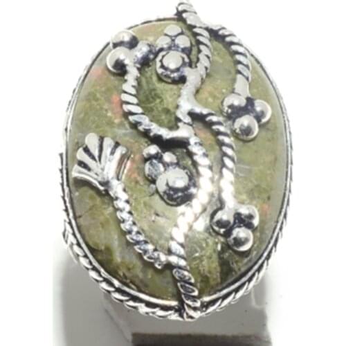 Genuine Unakite Quartz Ring Silver Overlay over Copper , Hand Made Women Jewelry gift , Size: 8.75