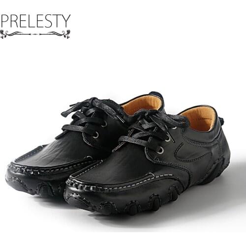 Prelesty Autumn Winter New Designer Breathable Genuine Leather Shoes Men Casual Walking Handmade Moccasins Shoes Lace Up Comfort