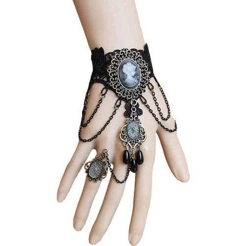 Handmade Queen Relief Resin Rhinestone Black Flower Lace Bracelet & Adjustable Ring Set Wristband Lolita Gothic Vintage Gift