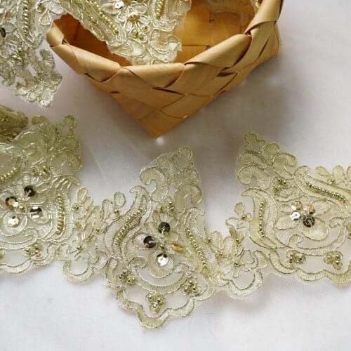 Luxury Gold Alencon Corded lace trim Shinny Sequins Vintage style Embroidered gold trim for lace wedding gown Veil lace Trim