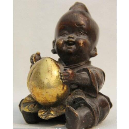 S0756 4" Old Chinese Folk Bronze Gild Boy Lad Tong Zi Armful Peach Statue Sculpture
