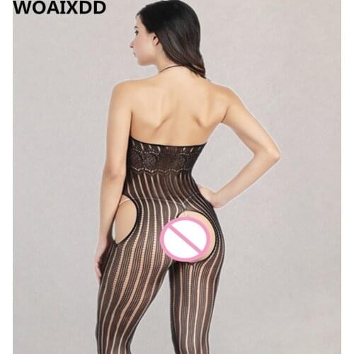 Sexy Hollow Stripe Open Crotch Bodystockings Women Printed Lace Erotic Lingerie Porn Adult Female Mesh Halter Sexual Underwear
