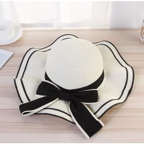 Ruffle Bowknot Shading Stripe Wide Brim Straw Hat Sun Protection Dome Fashion New Beach Hat Summer WomenS Cap