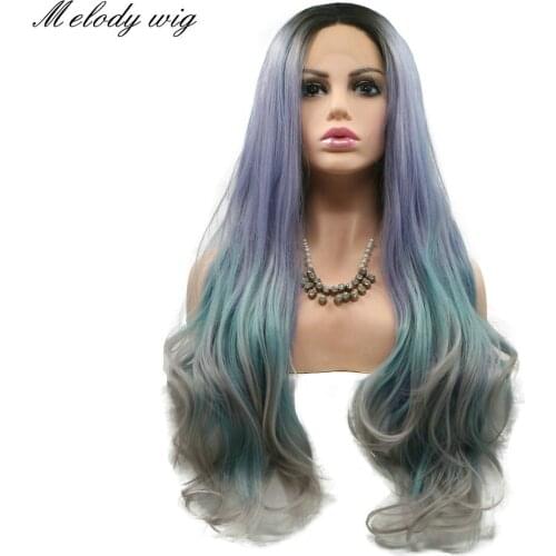 Melody Synthetic Lace Front Wigs Dark Roots to Purple/Blue green/Gray Long Natural Wave Heat Resistant for Women Natural Looking