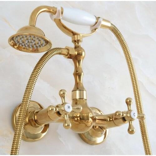Modern Polished Gold Color Brass Wall Mount Bathtub Faucet with Handheld Shower Set +1.5M Hose Mixer Tap 2na832