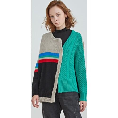 Oversize Women Long Sleeve Single Breasted Sweater Vintage Plaid Color Patchwork Jumper O-Neck Patchwork Open Stitch