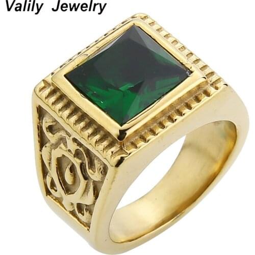 Valily jewelry Womens Wedding Ring Stainless Steel Fashion Flower Square Green Glass Ring for Men Gold Color Band Rings Jewelry