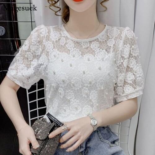 2021 Summer Hollow Out Shirt Sexy French Short Sleeve Lace Shirt O-neck Fashion Style Base Shirt with Sling Beading Shirt 14045