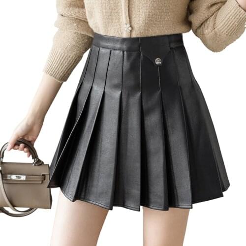 Women Fax Leather Pleated Skirt 2021 Autumn winter High Waist A-line Short Skirts For Womens Korean Fashion Black Mini Skirts